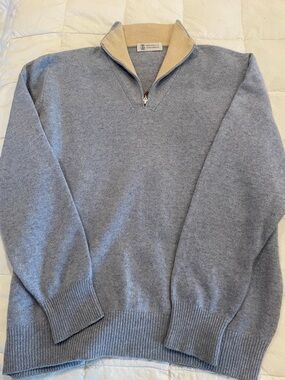 Brunello Cucinelli Light Blue Half-Zip Sweater with Beige Contrast Collar